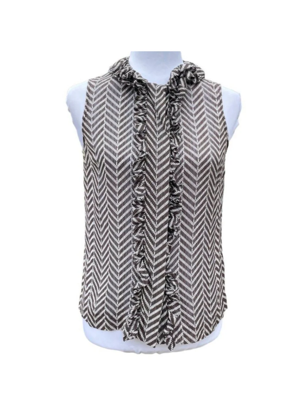 Tory Burch Brown & White Silk Blend Sheer Sleeveless Blouse 2